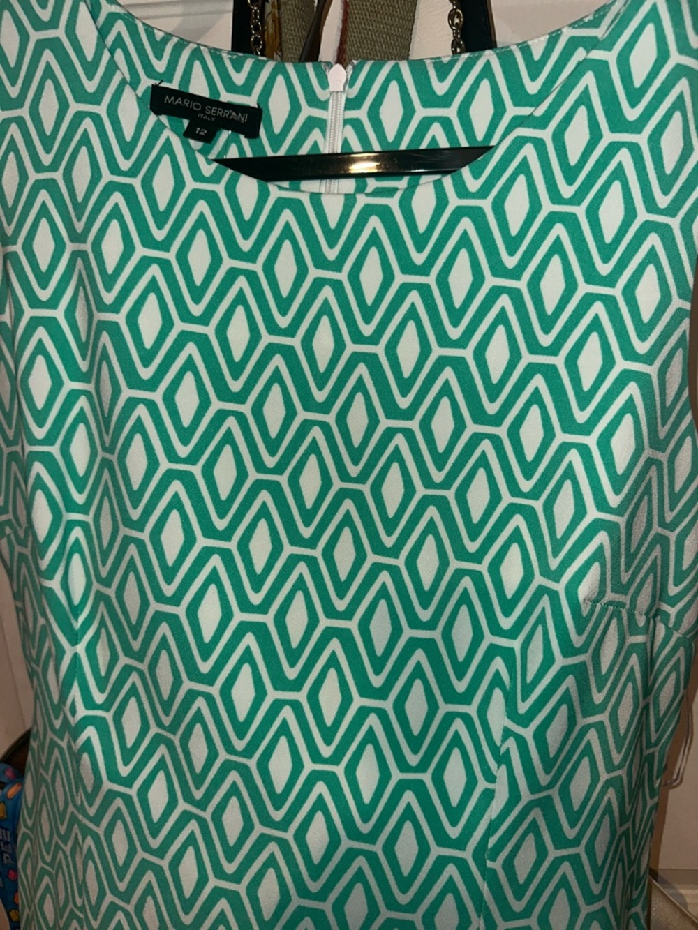 Mario Serrani Green & White Geometric Sleeveless Shift Dress